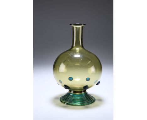 A BOHEMIAN GREEN GLASS FLASK, with six blue prunts, raised on a domed spiral spun base, 19th Century. 19.5cmProvenance: The C