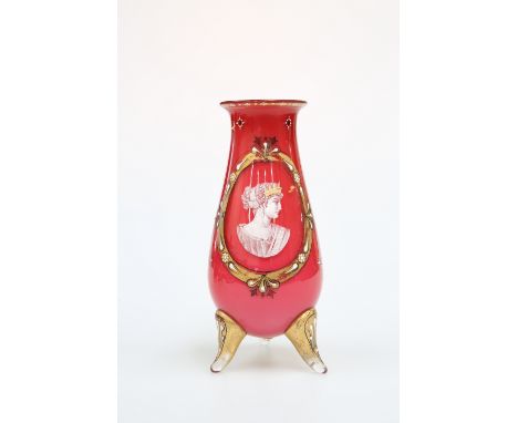 A BOHEMIAN CASED GLASS VASE, c. 1860, of flask form, red over white opaque glass, enamel painted with a portrait medallion of