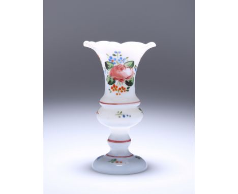A LATE 19th CENTURY ENAMEL PAINTED MILCH GLASS VASE, of baluster form, with scalloped rim and knopped stem, polychrome painte