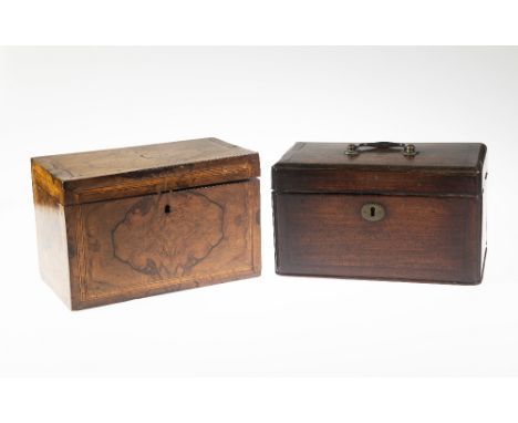 A GEORGE III CROSSBANDED MAHOGANY TEA CADDY, with rounded corners and original brass bail handle, 24cm wide; together with A 