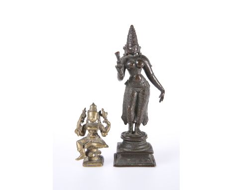 TWO BRONZE FIGURES OF LAKSHMI, 18TH/19TH CENTURY, cast in the first standing, cast in the second seated. Taller 17.5cm
