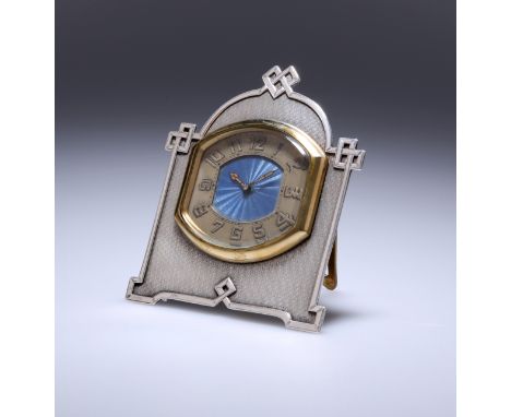 A GEORGE V SILVER AND ENAMEL STRUT CLOCK, ADIE BROTHERS, BIRMINGHAM 1925, in the Art Deco taste, the blue engine-turned ename