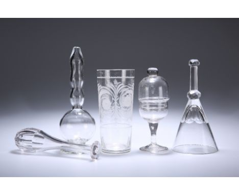 A GROUP OF 19th CENTURY GLASS VESSELS, including a stirrup cup with panelled bowl and faceted stem; an acid-etched beaker, a 