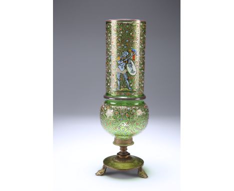 A LATE 19TH CENTURY BOHEMIAN GLASS VASE,&nbsp;of sleeve form with a spherical base mounted to a gilt-metal stand, enamel deco