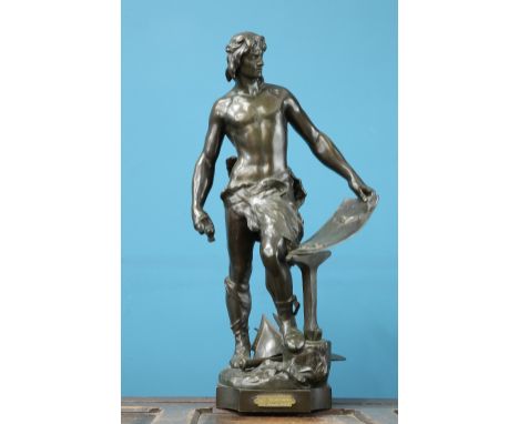 A. MASJOUILLE (FRENCH, 19th CENTURY), "LE TRAVAIL", A PATINATED BRONZE FIGURE, modelled as a Gallic blacksmith working on a s
