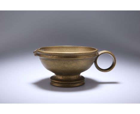 A CONTINENTAL BRONZE JUG, after the Antique, the broad shallow bowl with moulded rim and raised on a moulded foot, with ring 