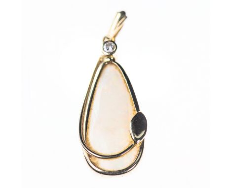 AN 18CT YELLOW GOLD OPAL AND DIAMOND PENDANT, the large tapering oval opal set in heavy collet setting with curved foliage de