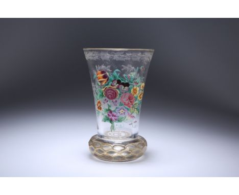 A BOHEMIAN ENAMEL-PAINTED AND CUT-GLASS BEAKER, LATE 19th CENTURY, probably Steinschonau, of flared form on a faceted parcel-