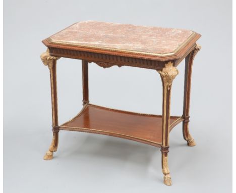 A 19TH CENTURY FRENCH MARBLE TOPPED CENTRE TABLE, the rectangular top with canted corners containing a conforming rouge marbl