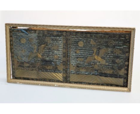 AN OLD CHINESE SILK PANEL, worked with gold thread, framed. Overall 32cm by 65cm