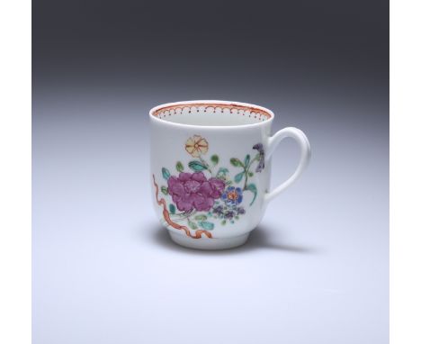 A WORCESTER POLYCHROME FLORAL PAINTED COFFEE CUP, c. 1770, painted with a ribbon-tied floral spray and sprigs. 6cmIn good con