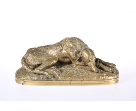 AFTER JOSEPH PAUL RAYMOND GAYRARD, A BRONZE MODEL OF A RECUMBENT DEER HOUND, bears signature in the cast GAYRARD LONDON 1848.