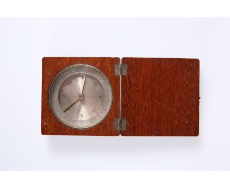 A LATE 19TH CENTURY MAHOGANY CASED POCKET COMPASS, the square case with hinged cover, silvered circular dial. Case 7cm square