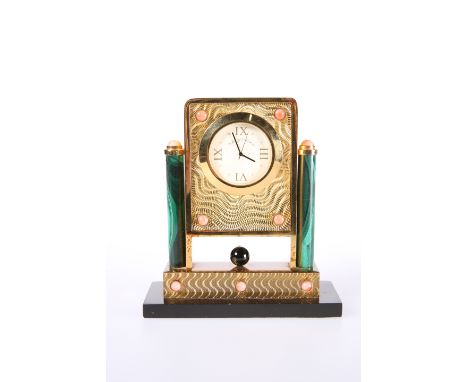 A MALACHITE AND CORAL-MOUNTED SILVER GILT TABLE CLOCK, IN THE FABERGE TASTE, PADGHAM & PUTLAND LTD, LONDON 2001, the circular
