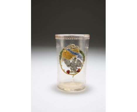 A SAXON ENAMEL PAINTED GLASS BEAKER, LATE 18th/EARLY 19th CENTURY, cylindrical, painted to one side with a coat of arms of cr