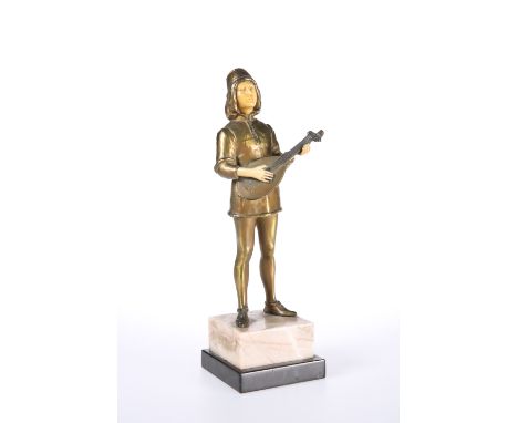 A GILT-BRONZE AND IVORY FIGURE OF A RENAISSANCE TROUBADOR, EARLY 20th CENTURY, modelled standing, playing a mandolin, on a st