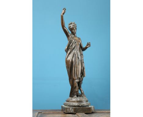 ALBERT ERNEST CARRIER-BELLEUSE (FRENCH, 1824-1887), A LARGE BRONZE OF A CLASSICAL MAIDEN, modelled with her right arm aloft, 