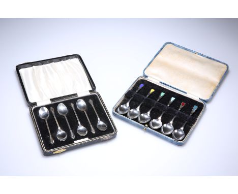 A CASED SET OF SIX SILVER AND ENAMEL TEASPOONS IN THE ART DECO TASTE, BIRMINGHAM 1936 and 1937; together with a cased set of 