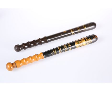 TWO TRUNCHEONS, the first George V Bristol Police Special Constable August 1911 presentation truncheon with Bristol coat of a
