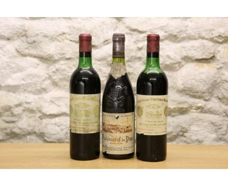 3 BOTTLES MIXED LOT OF FINE RARE, MATURE CLARET AND CHATEAUNEUF DU PAPE INCLUDING CHATEAU CHEVAL BLANC VINTAGE comprising : 2