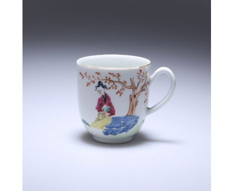 A WORCESTER MANDARIN COFFEE CUP, c. 1770, painted with a lady seated under a tree, a child and a bridge. 6.5cmGood condition