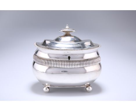 A GEORGE III SILVER DOUBLE TEA CADDY, THOMAS DICKS, LONDON 1811, of oval bellied form, the stepped domed cover with flattened
