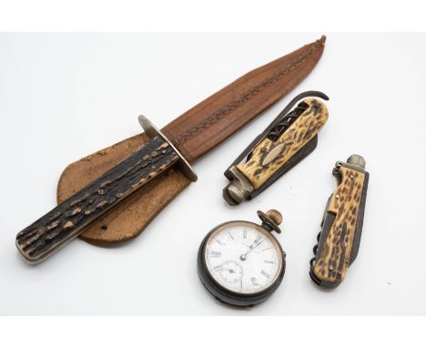 A LATE VICTORIAN HUNTING KNIFE WITH STAG HORN HANDLE, the steel blade marked for George Butler &amp; Co, in a leather sheath;