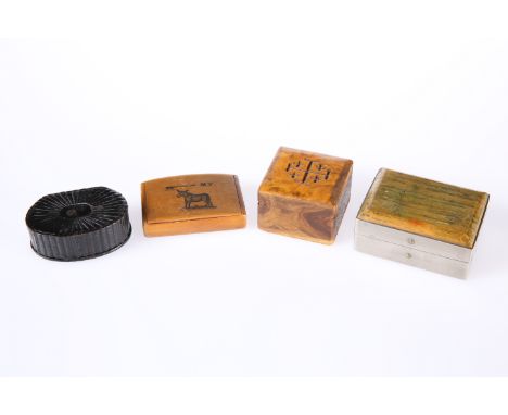 A 19TH CENTURY NOVELTY SNUFF BOX, "AXE MY ASS", together with THREE FURTHER BOXES. (4)&nbsp;Axe My Ass 6.5cm wide