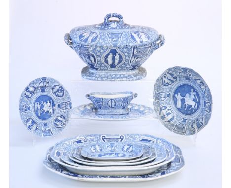 AN EXTENSIVE SPODE BLUE AND WHITE DINNER SERVICE IN THE "GREEK PATTERN", c. 1820, comprising: twenty-four dinner plates, four