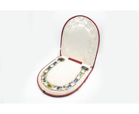 ATTRIBUTED TO CHARLES FLEETWOOD VARLEYAN ARTS AND CRAFTS ENAMEL BELT, of rectangular shaped links inset with multi coloured e