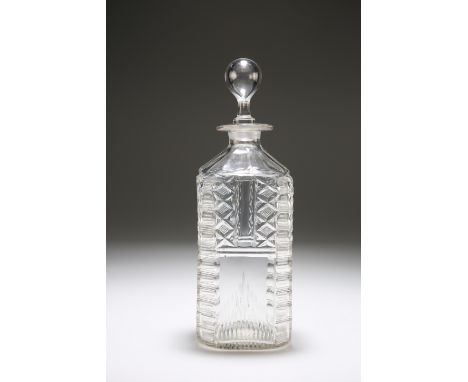 A CUT-GLASS DECANTER, c. 1800, square, with pear-shaped stopper, panelled shoulders, the body with ladder-cut corners. 28cmPr