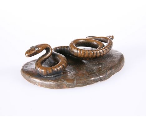 AN UNUSUAL PATINATED METAL MODEL OF A SNAKE, CIRCA 1900, modelled on a shaped oval base. 8cm