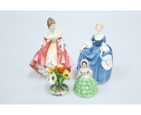 TWO ROYAL DOULTON FIGURES, "Southern Belle", HN 2229, and "Hilary", HN 2335; together with A CROWN STAFFORDSHIRE FIGURE AND M