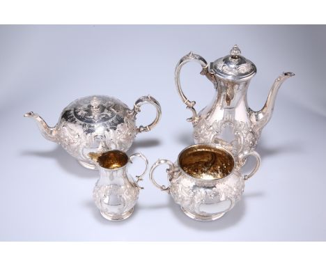 A GOOD VICTORIAN SILVER FOUR PIECE TEA AND COFFEE SERVICE, MARTIN HALL &amp; CO., LONDON 1874 AND 1875, the teapot of bullet 