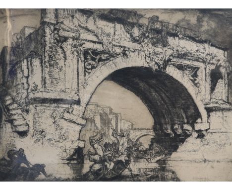 SIR FRANK BRANGWYN (1867-1956), PONTE ROTTO, ROME, pencil signed in the margin, etching, framed. 58.5cm by 75cm