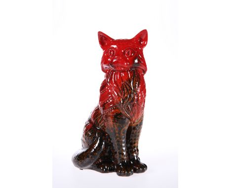 A ROYAL DOULTON FLAMBE VEINED MODEL OF A SEATED CAT, black printed factory mark. 28cm