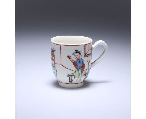 A WORCESTER MANDARIN COFFEE CUP, c. 1770, painted with two ladies in an interior, one holding a floral sprig. 6.5cmThis lot i