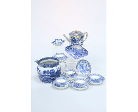 A GROUP OF BLUE AND WHITE, including a Chinese Export teapot, early 19th Century pickle dish, large English jug, etc.