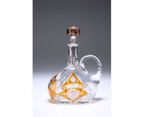 A BOHEMIAN SILVER-COLLARED AMBER FLASH GLASS DECANTER, of flask form, the collar stamped 800. 19.5cm