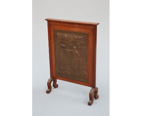 AN ARTS AND CRAFTS OAK AND COPPER FIRESCREEN, CIRCA 1900, with ovolo moulded projecting cornice above a copper panel depictin