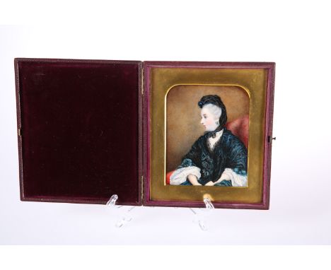 A VICTORIAN PORTRAIT MINIATURE OF A LADY ON IVORY, in fitted hinged leather case, the miniature in excellent condition. 17.5c