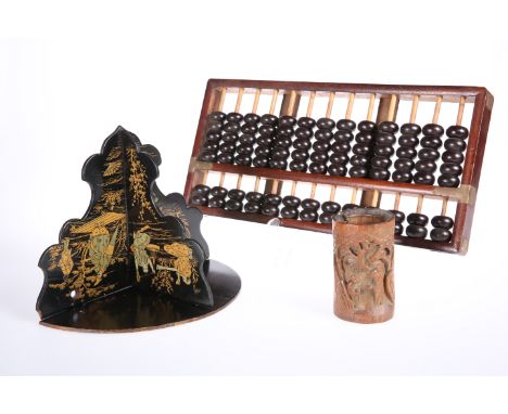 A CANTONESE ABACUS, together with A CHINESE EXPORT LACQUER BOX, with gilt decoration; A CHINOISERIE LACQUER HINGED SHELF, dec