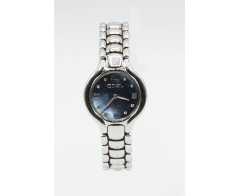 A LADY'S STEEL EBEL BELUGA BRACELET WATCH. Circular blue mother of pearl dial with arabic indices at quarters and diamond dot