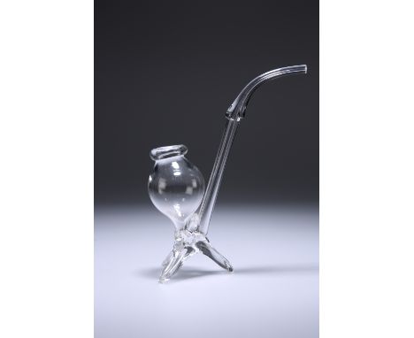 A VICTORIAN GLASS TABLE PIPE, with vasiform bowl and tripod feet. 19cm high