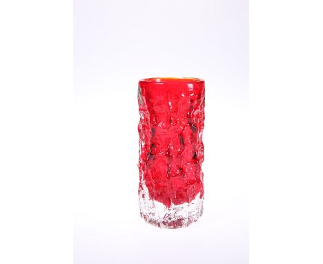 GEOFFREY BAXTER FOR WHITEFRIARS, A RUBY RED BARK EFFECT GLASS VASE, of cylindrical form, model no. 9689. 15.5cmProvenance: Th