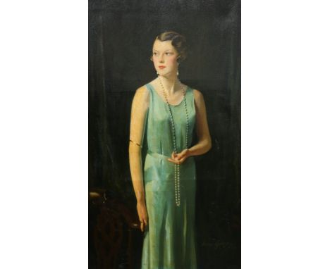 DAVID COWAN DOBSON (1894-1980), PORTRAIT OF A LADY WEARING A LONG PEARL NECKLACE, signed lower right, oil on canvas. 132cm by