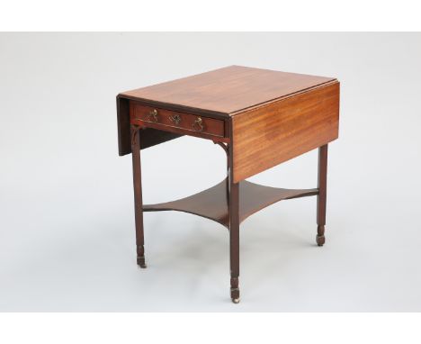 A CHIPPENDALE PERIOD MAHOGANY PEMBROKE TABLE, with drop leaves and drawer to one end with brass axe-head handles and escutche