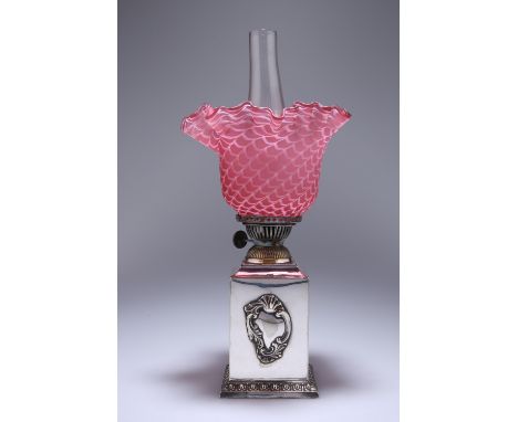 A LATE VICTORIAN SILVER-PLATED OIL LAMP, HENRY WILKINSON &amp; CO LTD, with satin glass shade. 31.5cmOverall good condition, 