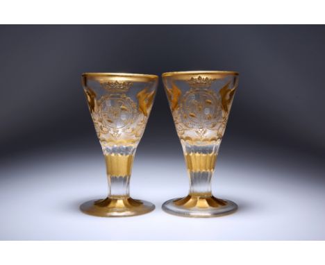 A PAIR OF POTSDAM/ZECHLIN PRESENTATION WINE GLASSES c. 1734-41, for Marshall von Munnich, elaborately wheel engraved and gild