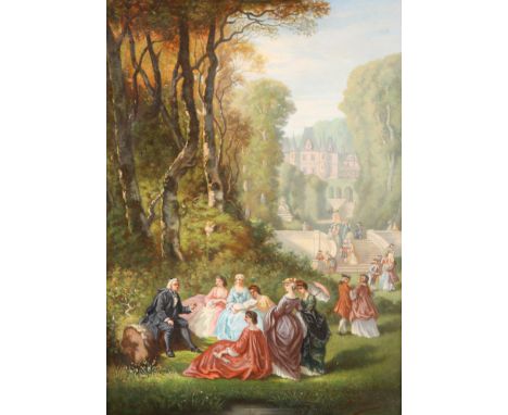 ALCIDE-FRANCISQUE AUBERTIER (FRENCH, 1827-?), CHATEAU GARDEN PARTY, signed lower right, oil on panel, framed. 31.5cm by 23cm